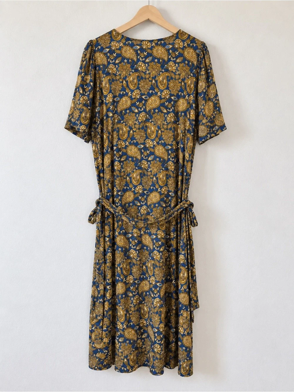 Boden Blue Yellow Paisley Dress 14L Short Sleeve Stretch Viscose Belted Jersey